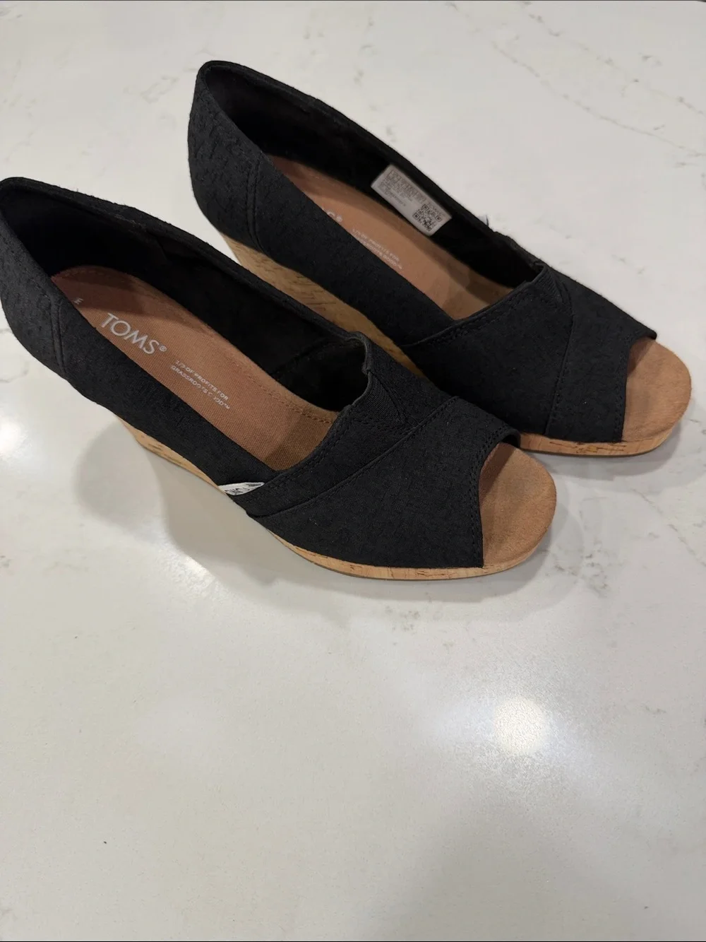TOMS Black Open-Toe Cork-Look Wedge Heels
